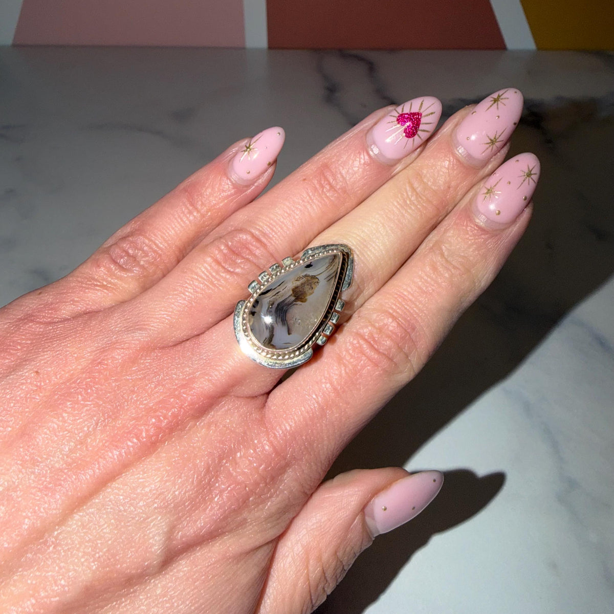 Montana Agate Teardrop Ring • Hammered Sterling Silver Statement Boho Jewelry (size 6.5)