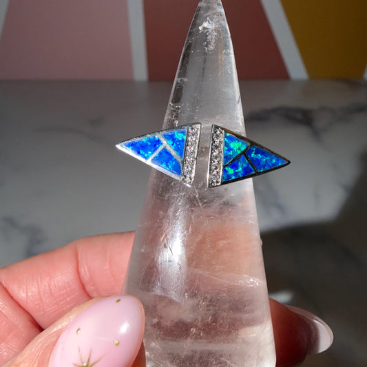 Blue Crushed Opal Ring • Sterling Silver Statement Jewelry (Size 7.5)