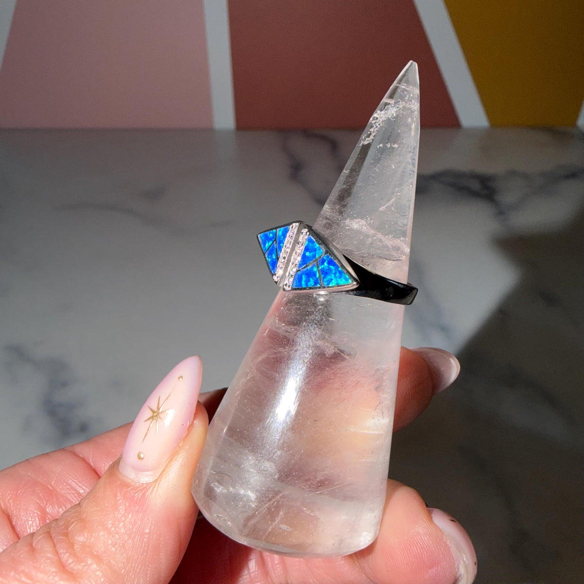 Blue Crushed Opal Ring • Sterling Silver Statement Jewelry (Size 7.5)
