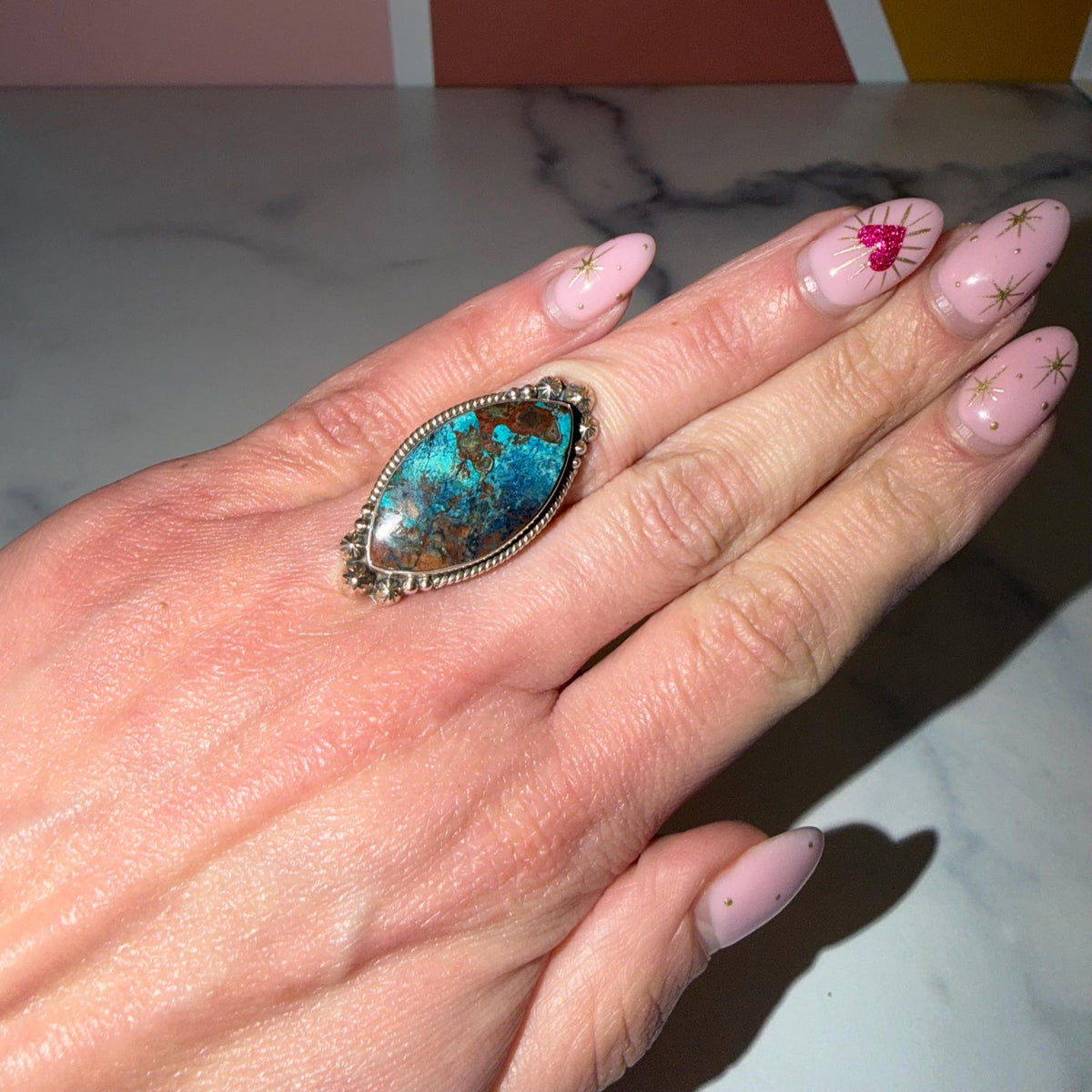 Chrysocolla Marquise Ring • Sterling Silver Blue Green Gemstone Boho Statement (Size 6)