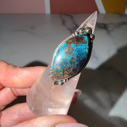 Chrysocolla Marquise Ring • Sterling Silver Blue Green Gemstone Boho Statement (Size 6)
