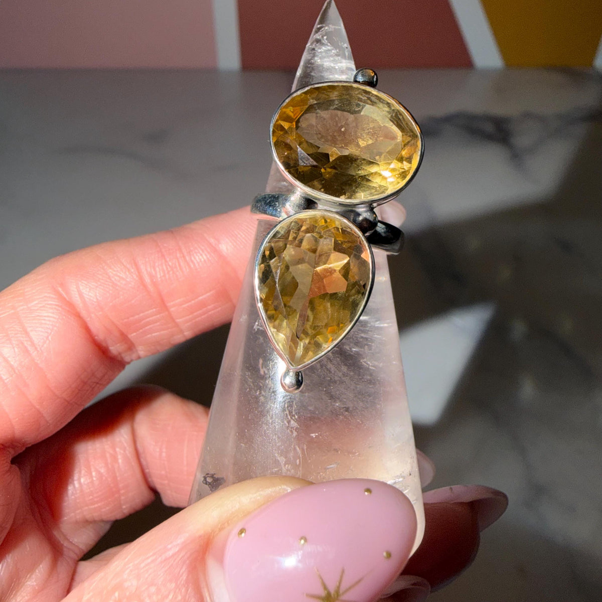 Whiskey Citrine Double Stone Ring • Sterling Silver • Boho Statement Jewelry (size 7)