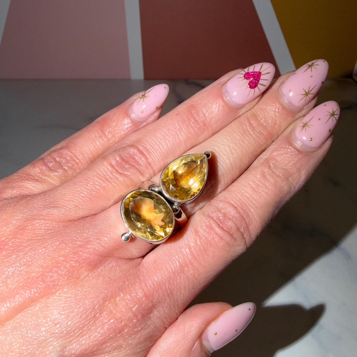 Whiskey Citrine Double Stone Ring • Sterling Silver • Boho Statement Jewelry (size 7)