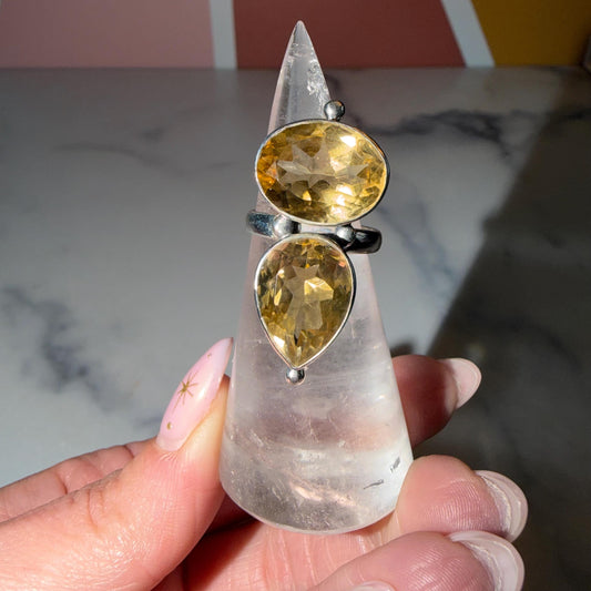Whiskey Citrine Double Stone Ring • Sterling Silver • Boho Statement Jewelry (size 7)