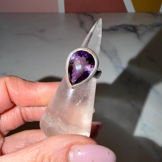 Large Amethyst Teardrop Ring • Sterling Silver • Boho Statement Jewelry (Size 6)