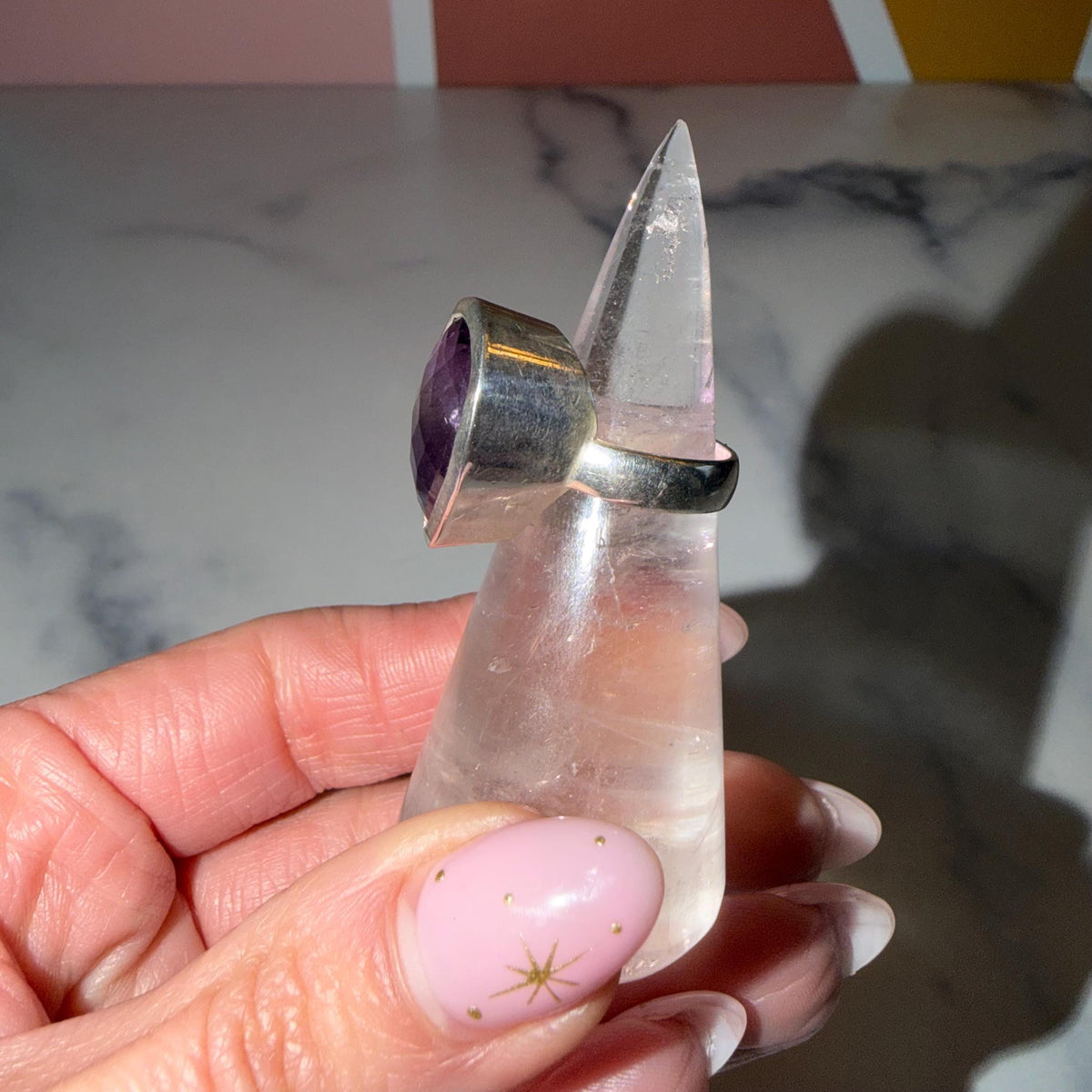 Large Amethyst Teardrop Ring • Sterling Silver • Boho Statement Jewelry (Size 6)