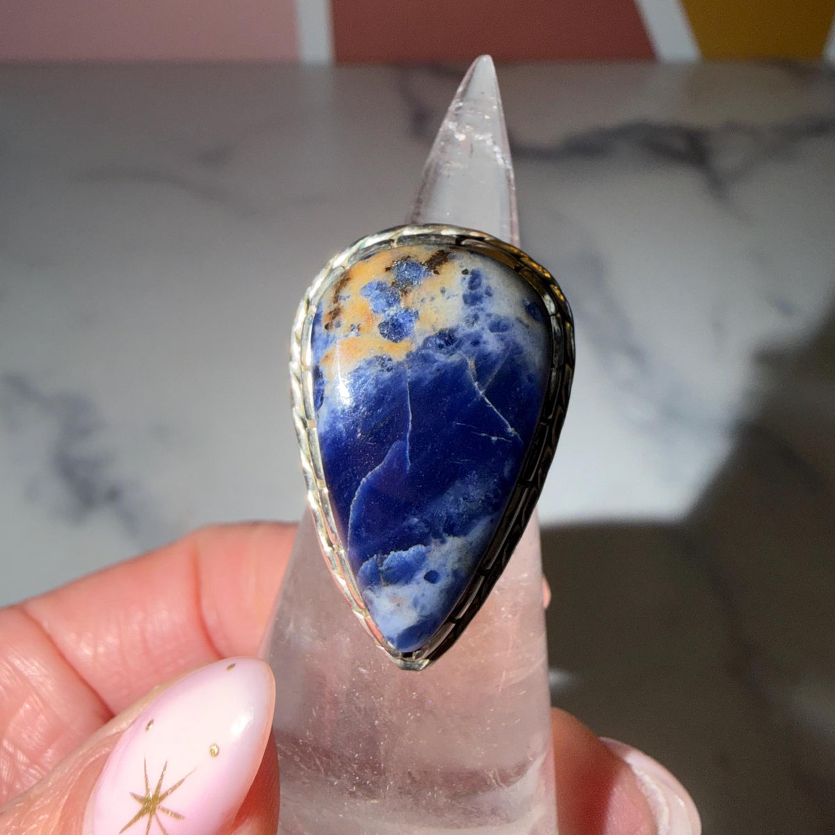 Sodalite Teardrop Ring • 925 Sterling Silver • Size 6.5 • Blue Gemstone Statement Ring • Boho Jewelry