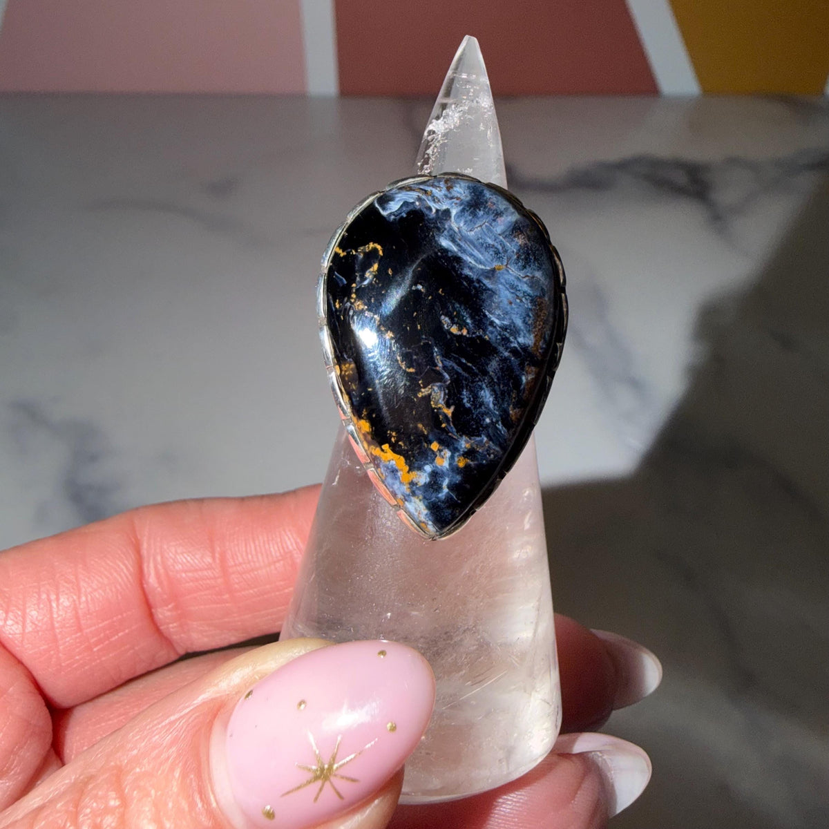 Large Pietersite Teardrop Ring • Sterling Silver Statement Gemstone Jewelry (Size 7)