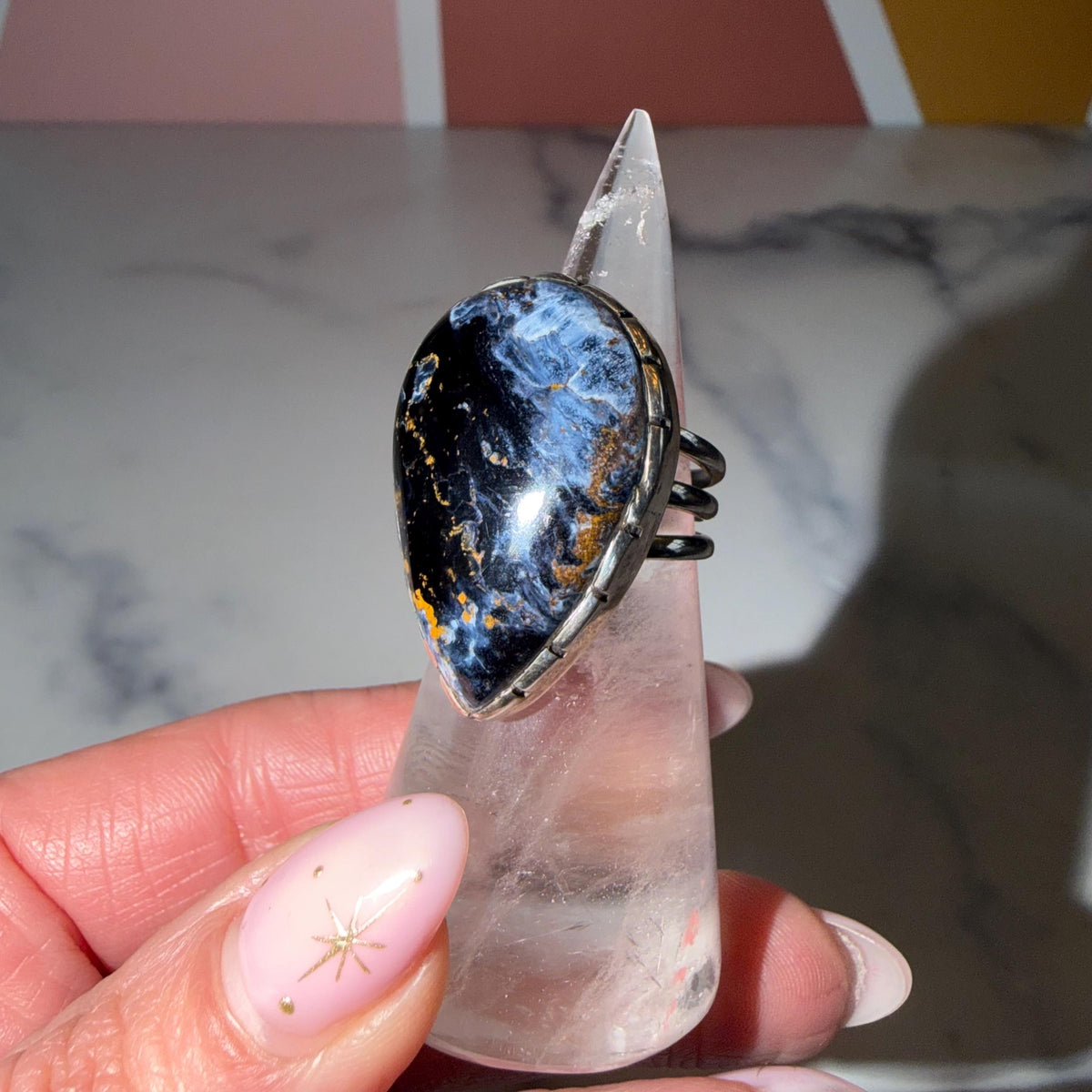 Large Pietersite Teardrop Ring • Sterling Silver Statement Gemstone Jewelry (Size 7)