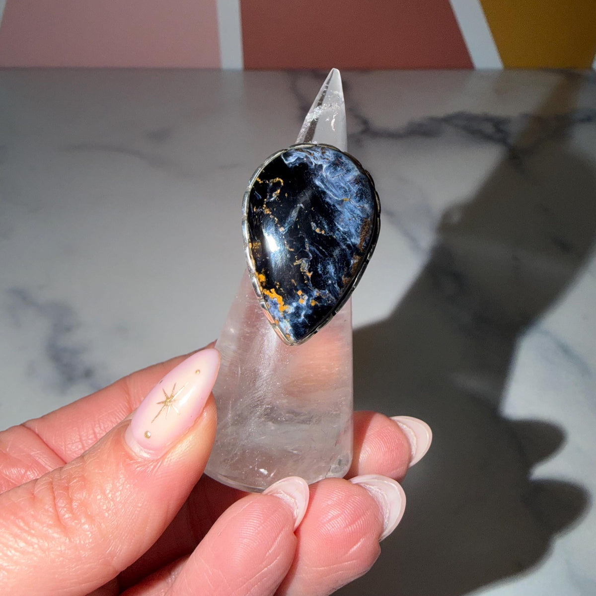Large Pietersite Teardrop Ring • Sterling Silver Statement Gemstone Jewelry (Size 7)