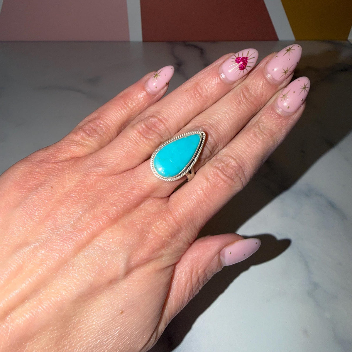 Royston Turquoise Teardrop Ring • Sterling Silver Adjustable Boho Jewelry