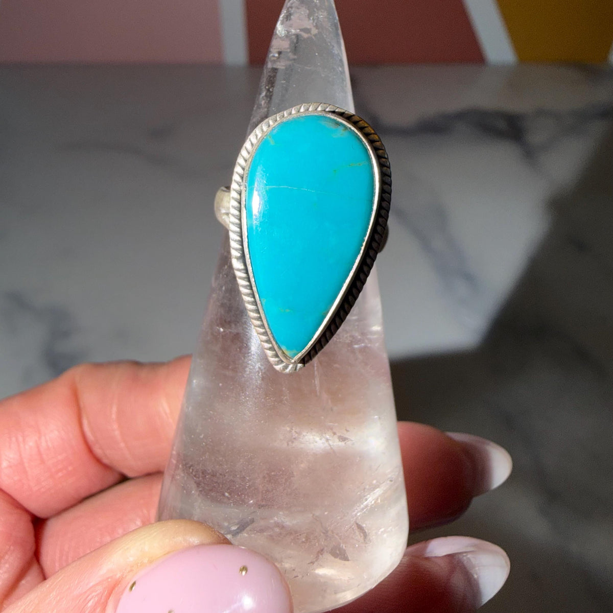 Royston Turquoise Teardrop Ring • Sterling Silver Adjustable Boho Jewelry