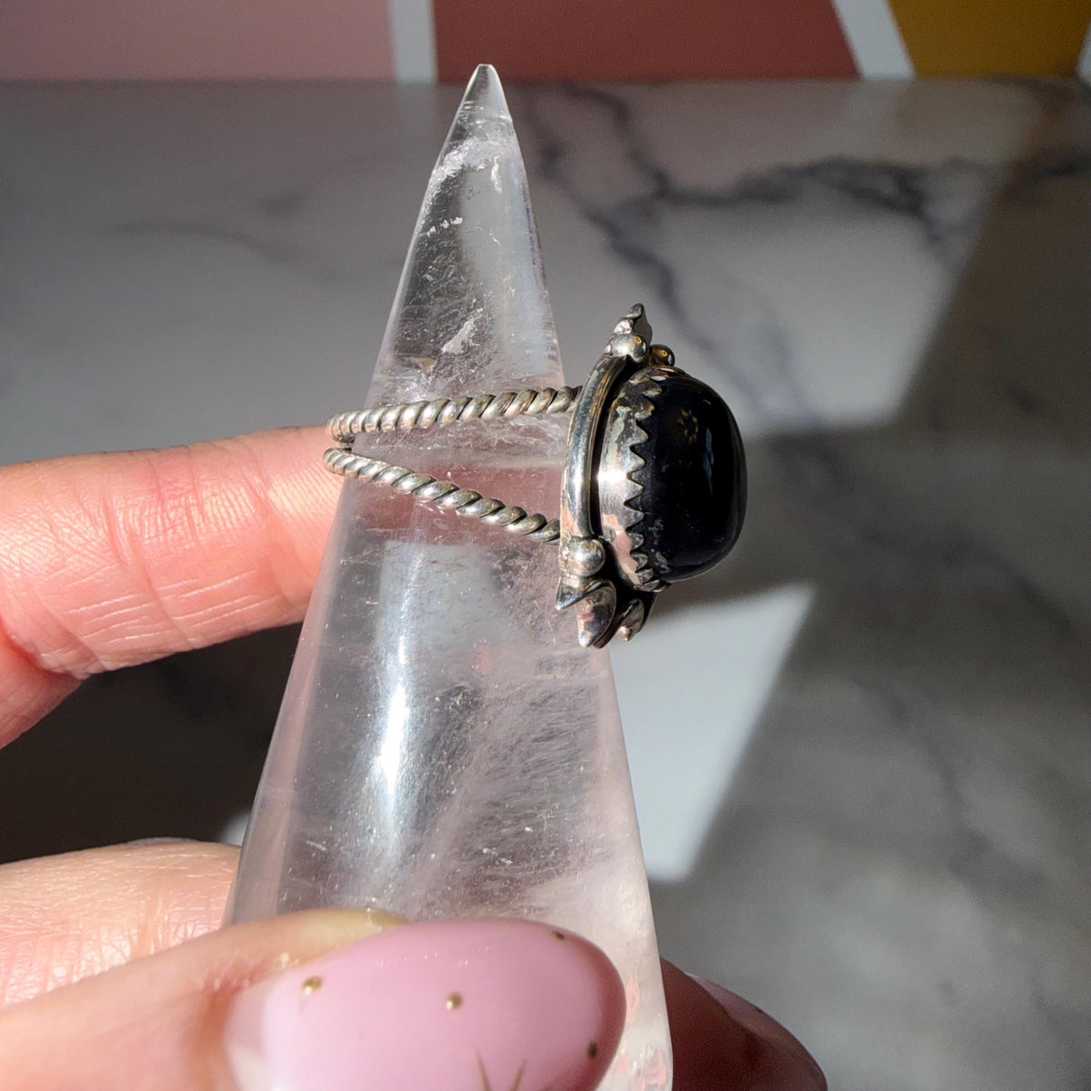 Black Onyx Celestial Ring • Sterling Silver Moon Star Statement Jewelry (size 6.5)