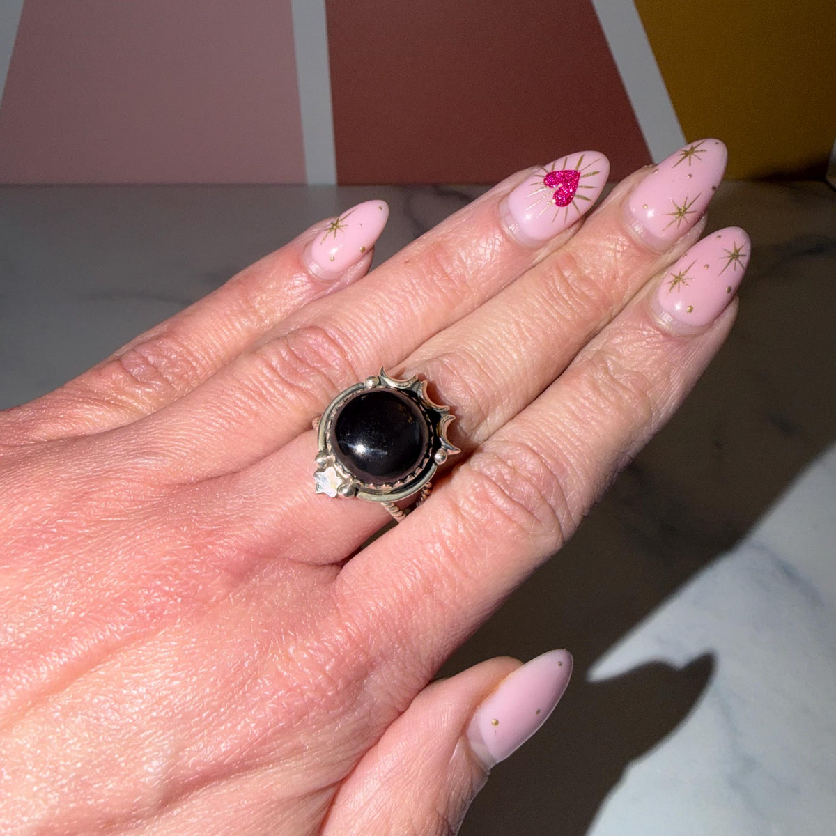 Black Onyx Celestial Ring • Sterling Silver Moon Star Statement Jewelry (size 6.5)