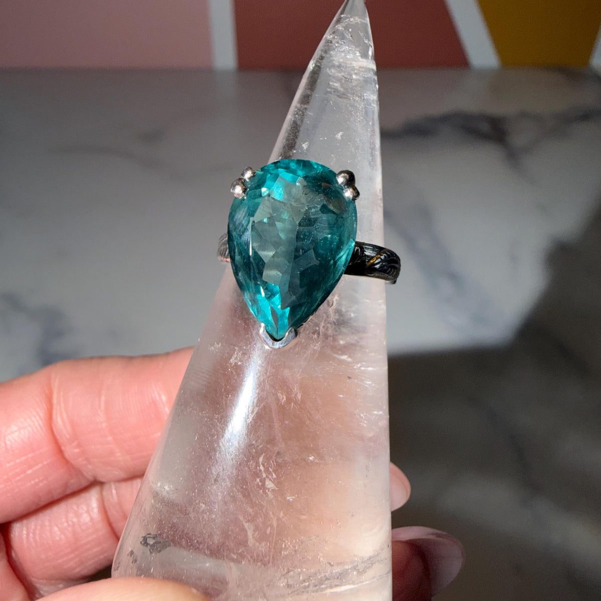 Blue Fluorite Teardrop Ring • Sterling Silver Floral Band • Boho Statement Ring (Size 7)