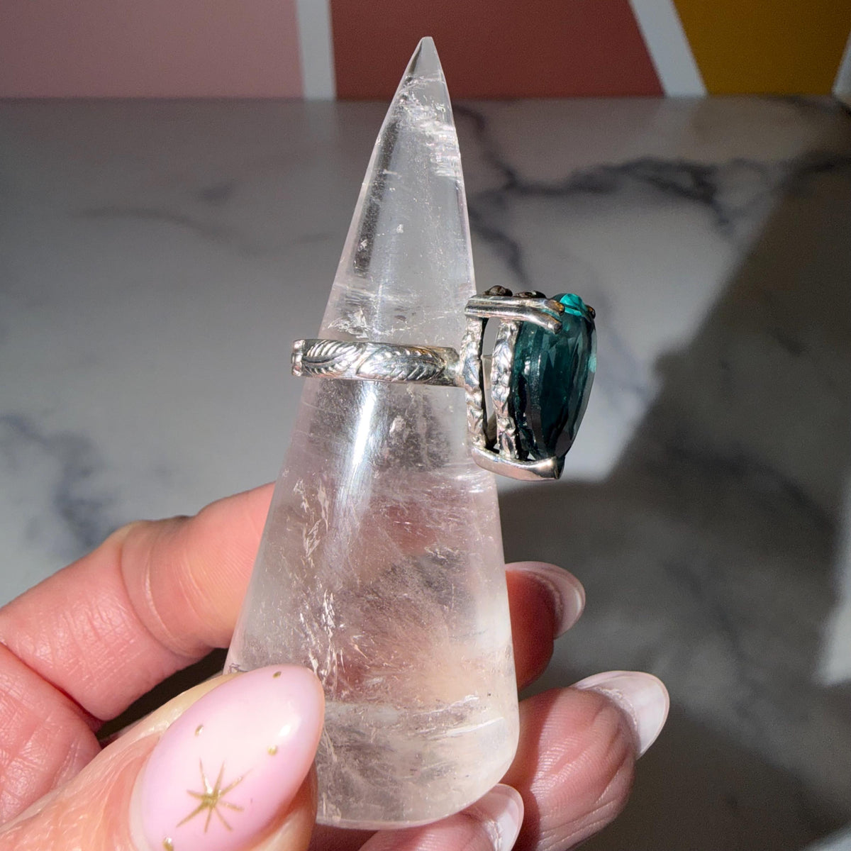 Blue Fluorite Teardrop Ring • Sterling Silver Floral Band • Boho Statement Ring (Size 7)