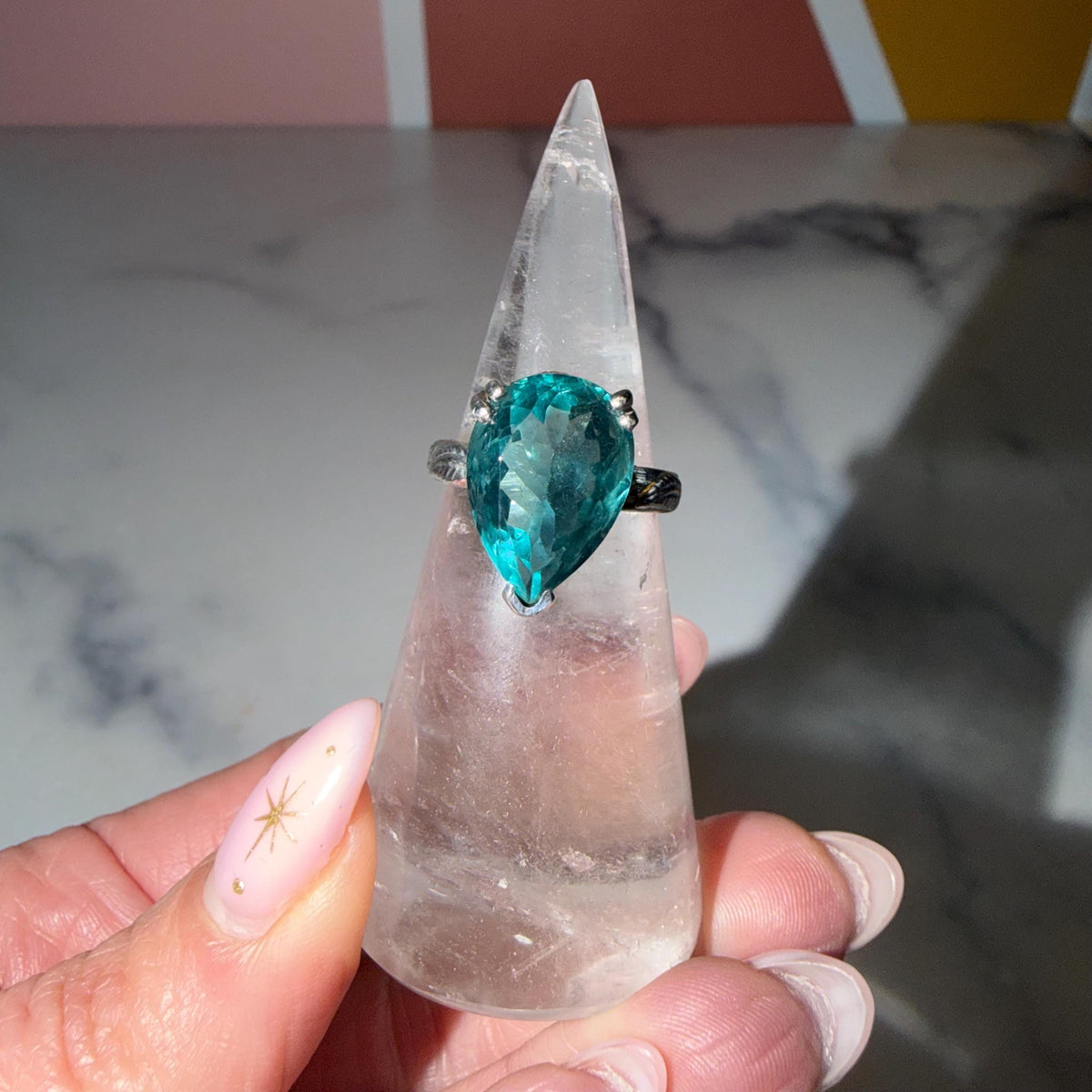 Blue Fluorite Teardrop Ring • Sterling Silver Floral Band • Boho Statement Ring (Size 7)