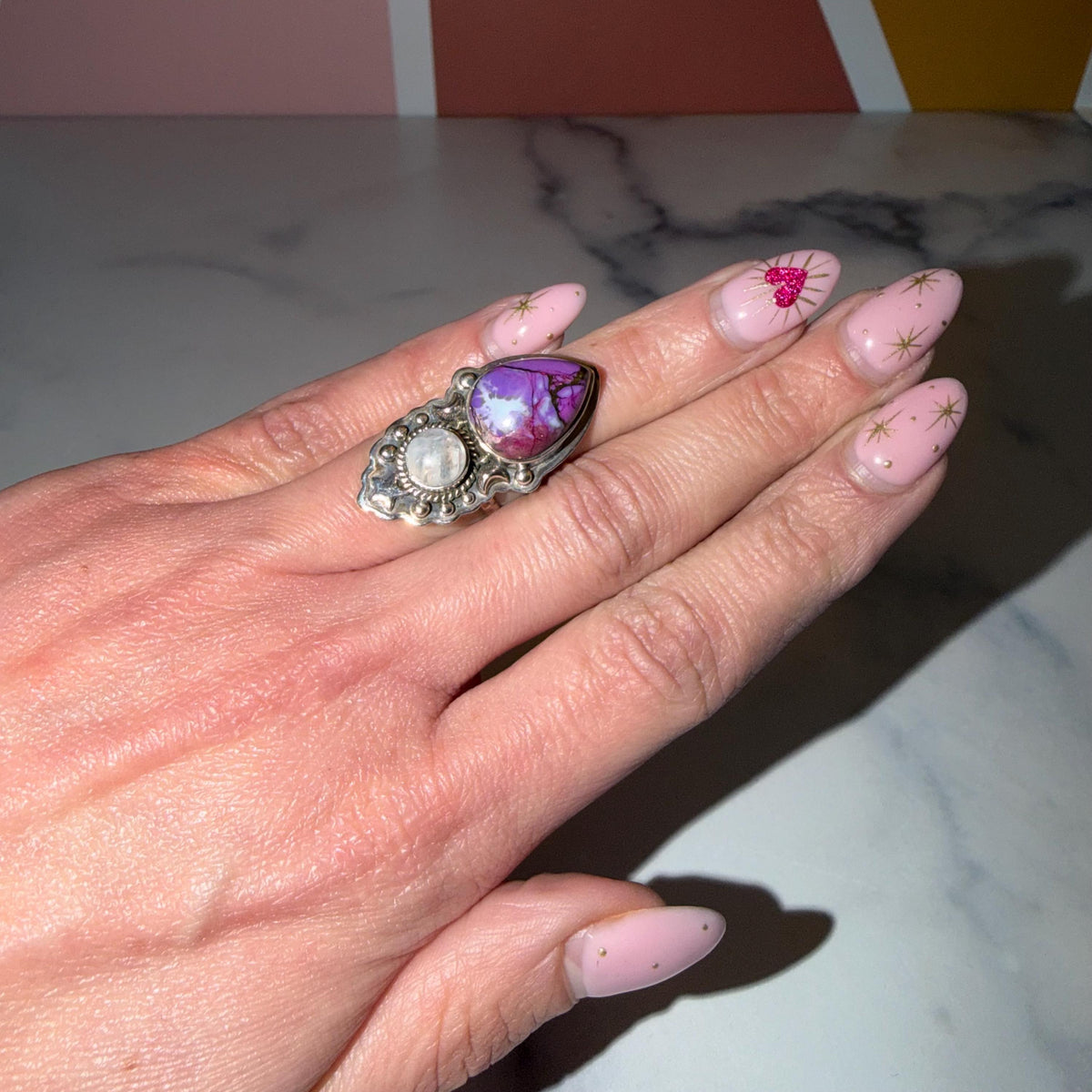 Sterling Silver Statement Ring, Purple Turquoise Moonstone, Gothic Boho Western Style, Size 5.5