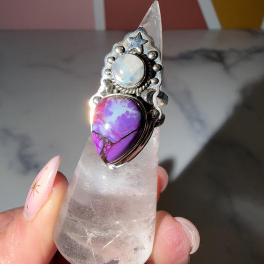 Sterling Silver Statement Ring, Purple Turquoise Moonstone, Gothic Boho Western Style, Size 5.5