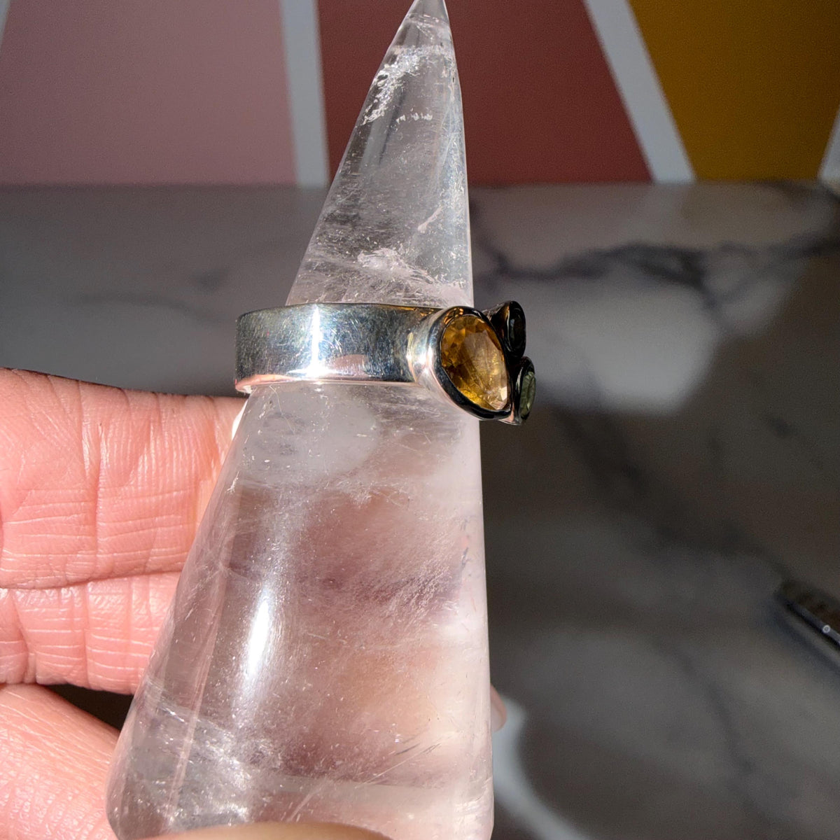 Citrine Peridot Sterling Silver Band Ring • Yellow Green Gemstone Boho Jewelry (Size 7.75)