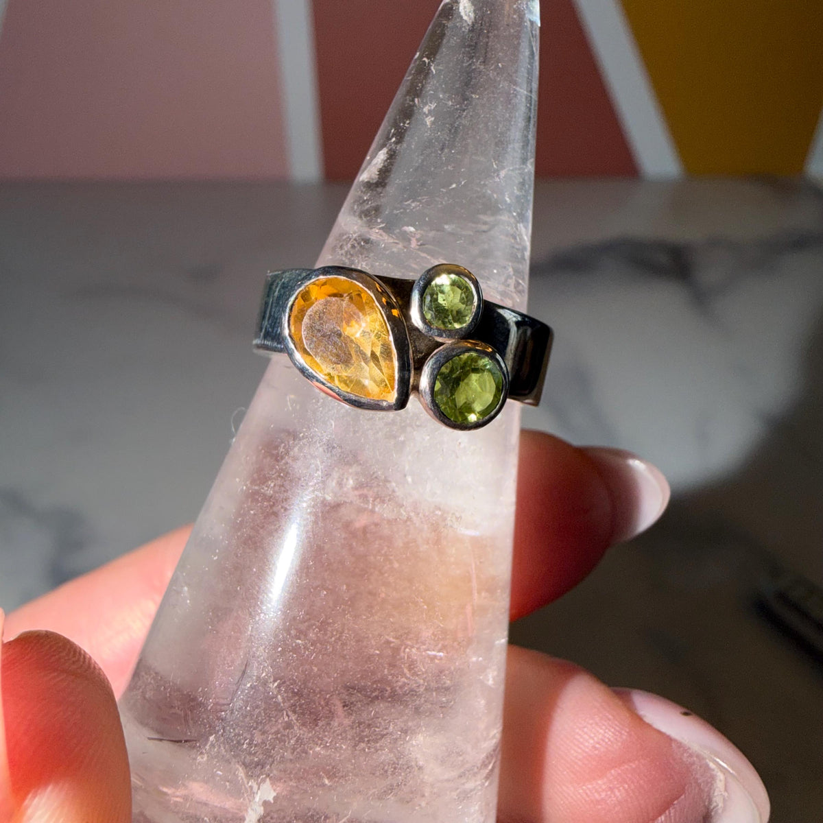 Citrine Peridot Sterling Silver Band Ring • Yellow Green Gemstone Boho Jewelry (Size 7.75)