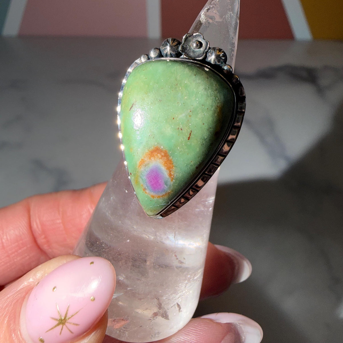 Large Ruby Fuchsite Teardrop Ring • Sterling Silver Floral Setting • Boho Statement Jewelry (Size 6.75)