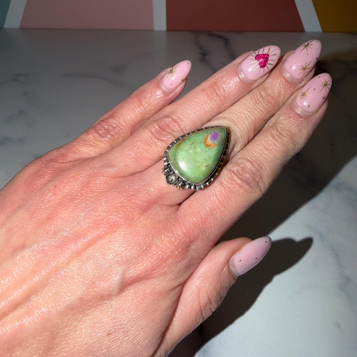 Large Ruby Fuchsite Teardrop Ring • Sterling Silver Floral Setting • Boho Statement Jewelry (Size 6.75)