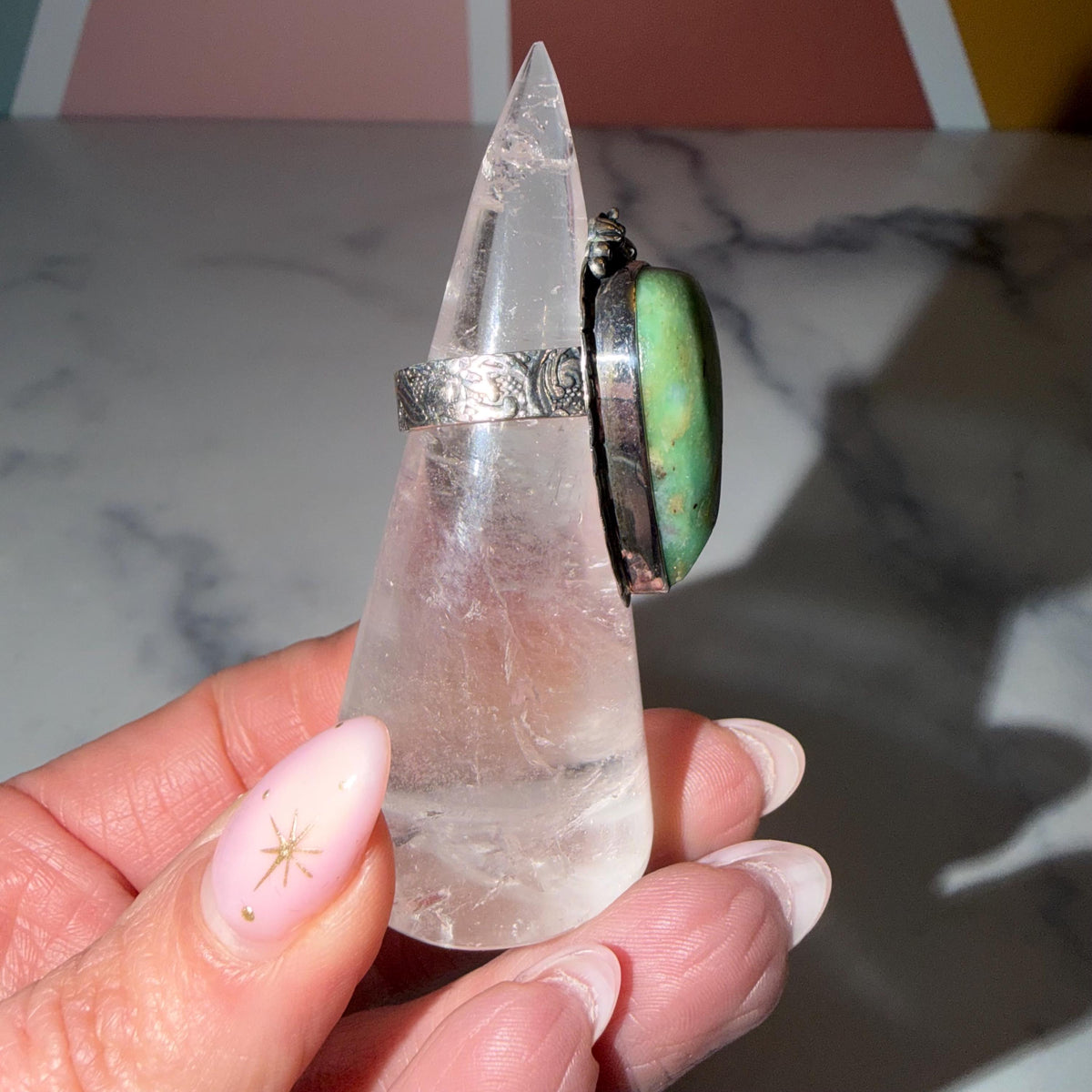Large Ruby Fuchsite Teardrop Ring • Sterling Silver Floral Setting • Boho Statement Jewelry (Size 6.75)