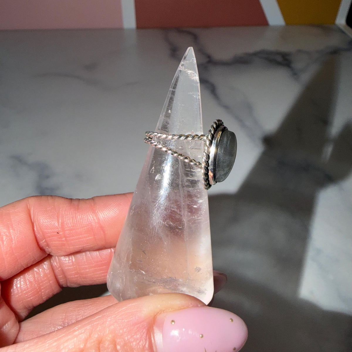 Flashy Labradorite Ring, Sterling Silver Rope Double Shank Band, Boho Statement Jewelry (size 5.25)