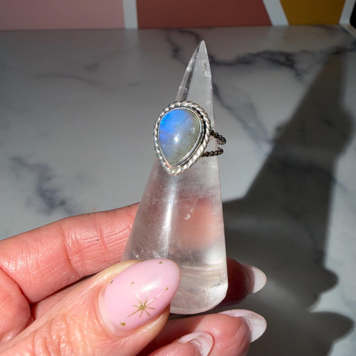 Flashy Labradorite Ring, Sterling Silver Rope Double Shank Band, Boho Statement Jewelry (size 5.25)