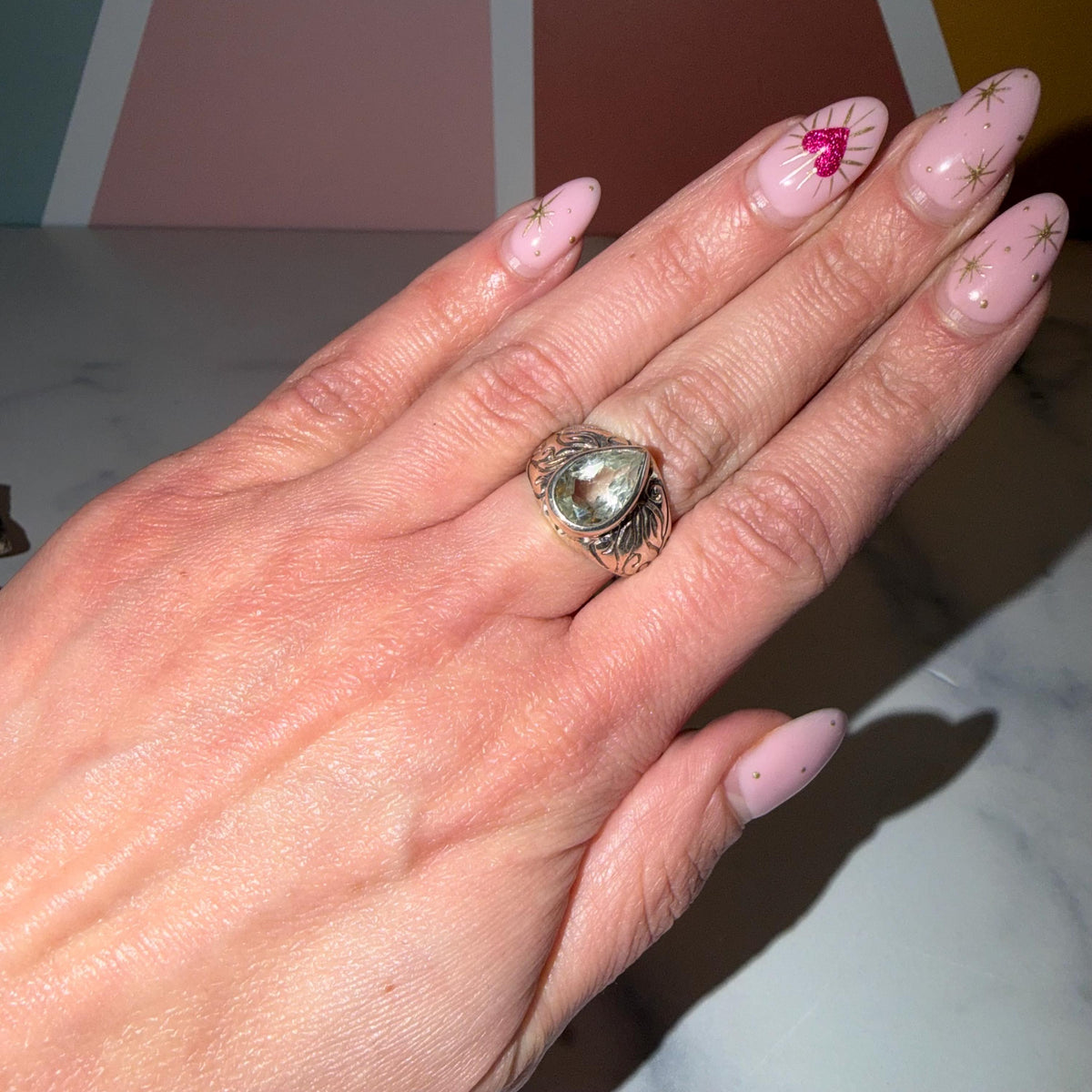 Prasiolite Teardrop Ring 925 Sterling Silver, Size 6, Green Amethyst Ring, Floral Cigar Band, Statement Gemstone Jewelry, Boho Ring