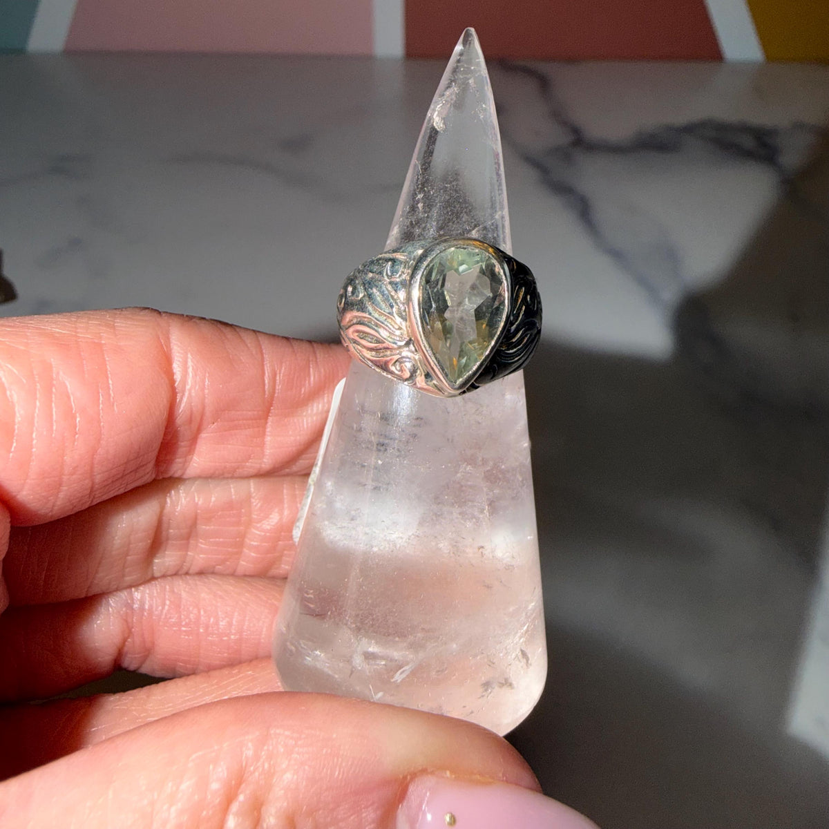 Prasiolite Teardrop Ring 925 Sterling Silver, Size 6, Green Amethyst Ring, Floral Cigar Band, Statement Gemstone Jewelry, Boho Ring
