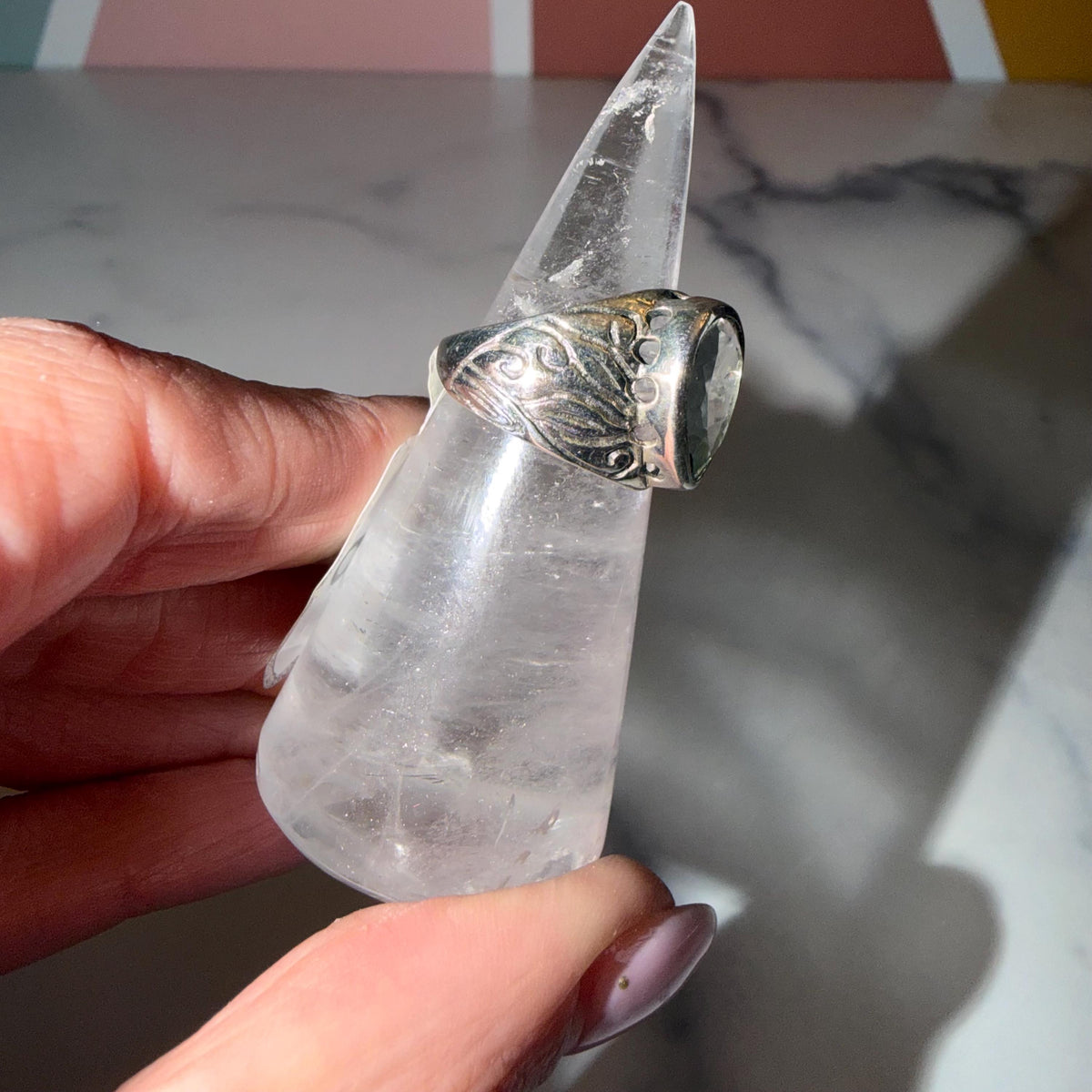 Prasiolite Teardrop Ring 925 Sterling Silver, Size 6, Green Amethyst Ring, Floral Cigar Band, Statement Gemstone Jewelry, Boho Ring
