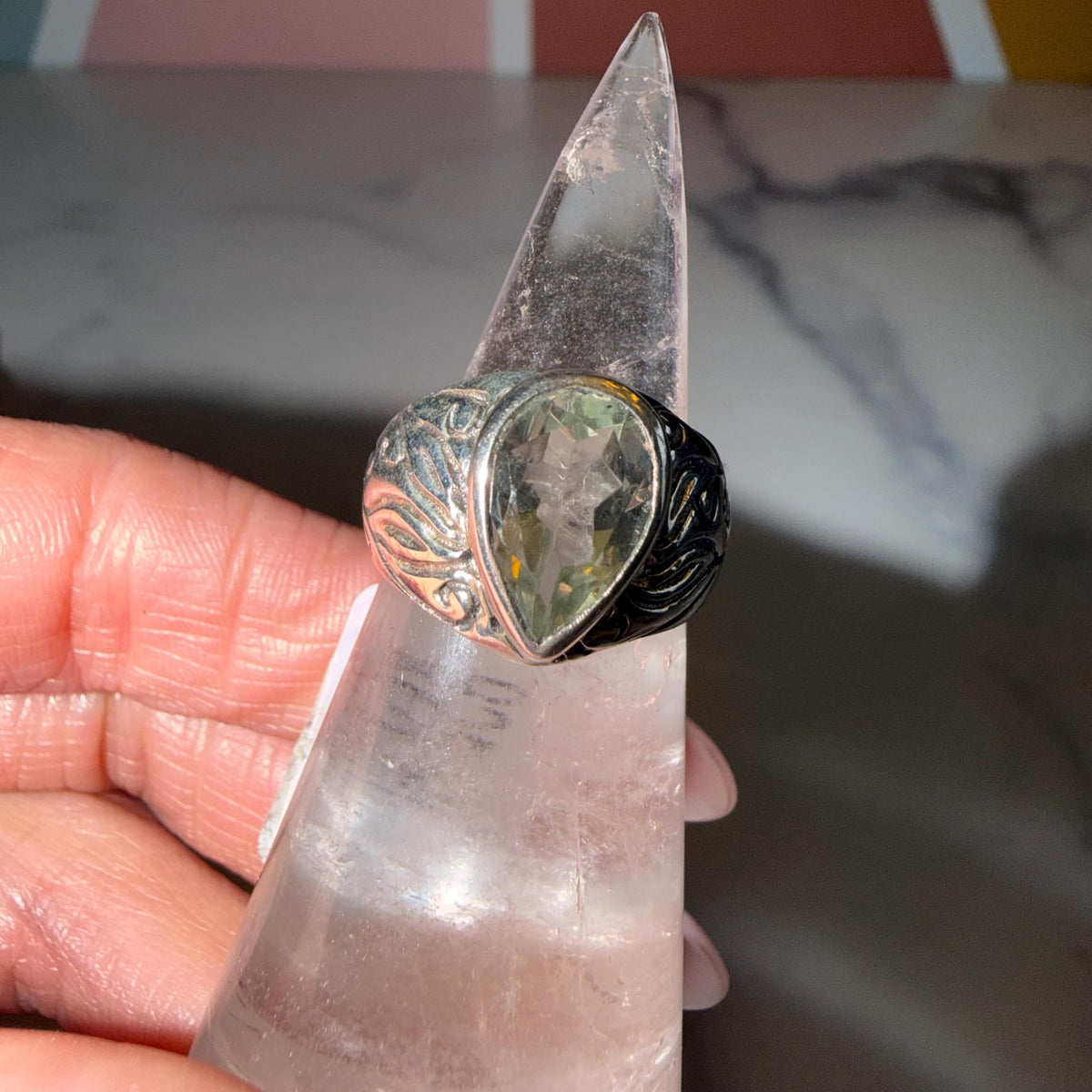 Prasiolite Teardrop Ring 925 Sterling Silver, Size 6, Green Amethyst Ring, Floral Cigar Band, Statement Gemstone Jewelry, Boho Ring