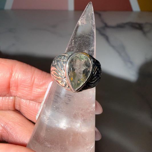 Prasiolite Teardrop Ring 925 Sterling Silver, Size 6, Green Amethyst Ring, Floral Cigar Band, Statement Gemstone Jewelry, Boho Ring