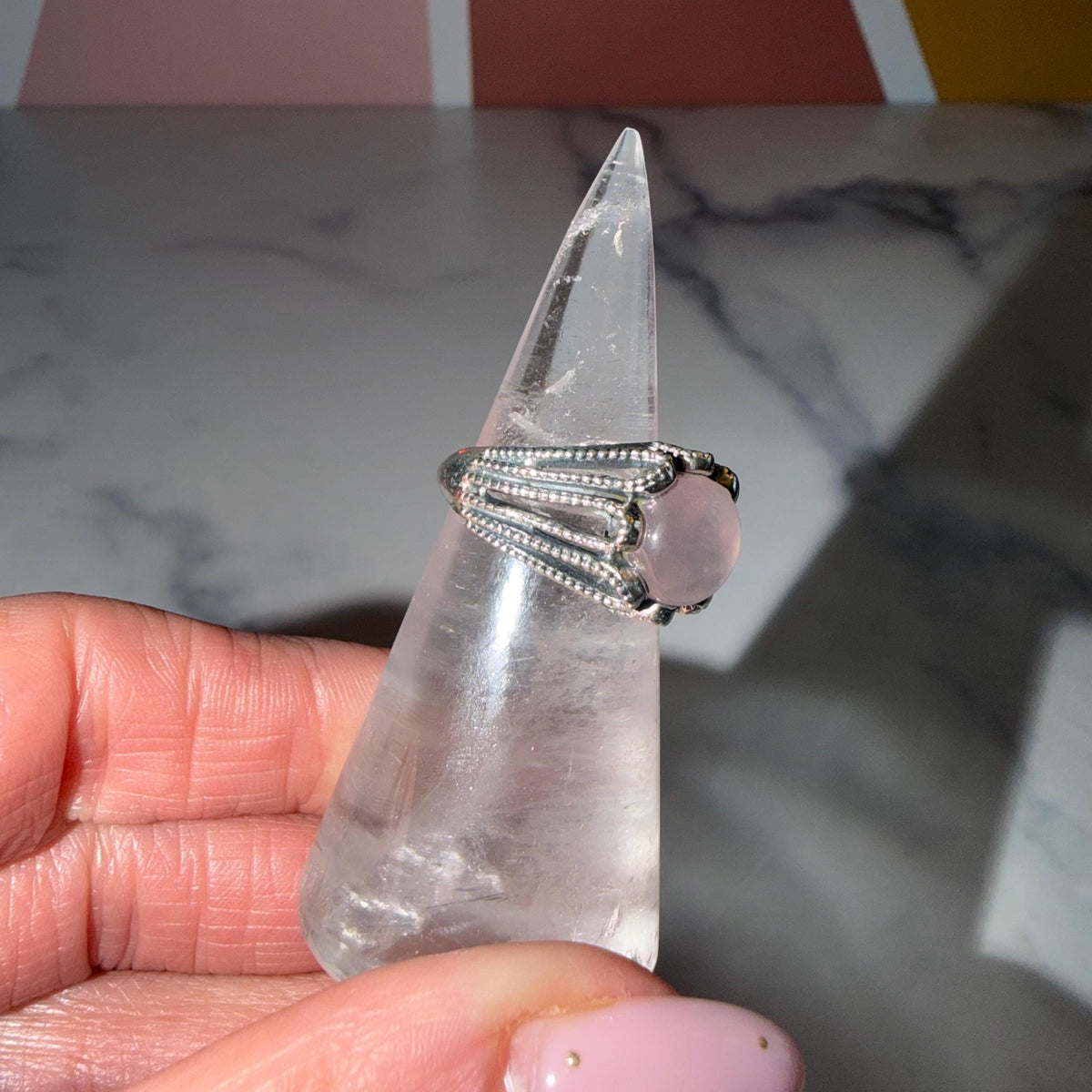 Rose Quartz Round Ring, 925 Sterling Silver, Love Crystal, Heart Chakra, Size 7