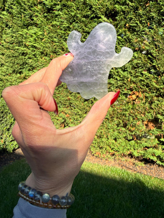 May include: A translucent, ghost-shaped crystal carving. The crystal is a pale lavender color with internal veining. The carving is held up against a backdrop of green foliage and grass.