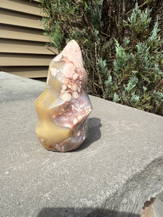 May include: A polished, freeform stone sculpture with a mix of colors, including beige, pink, and brown. The stone has a smooth, glossy finish and is displayed outdoors on a concrete surface. The sculpture's shape is organic and abstract.
