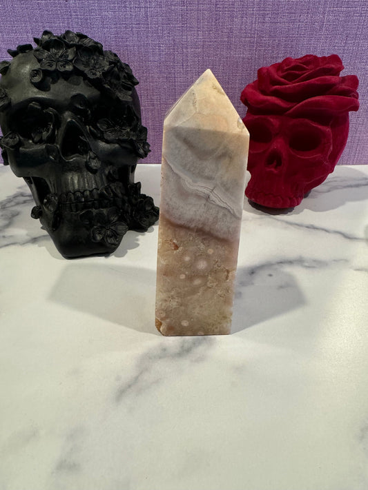 Pink Amethyst Flower Agate Druzy Crystal Tower • Polished Healing Stone Decor