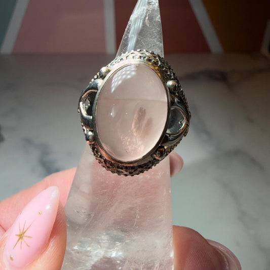 Large Rose Quartz Ring, Ornate 925 Sterling Silver, Statement Crystal Jewelry Size 7