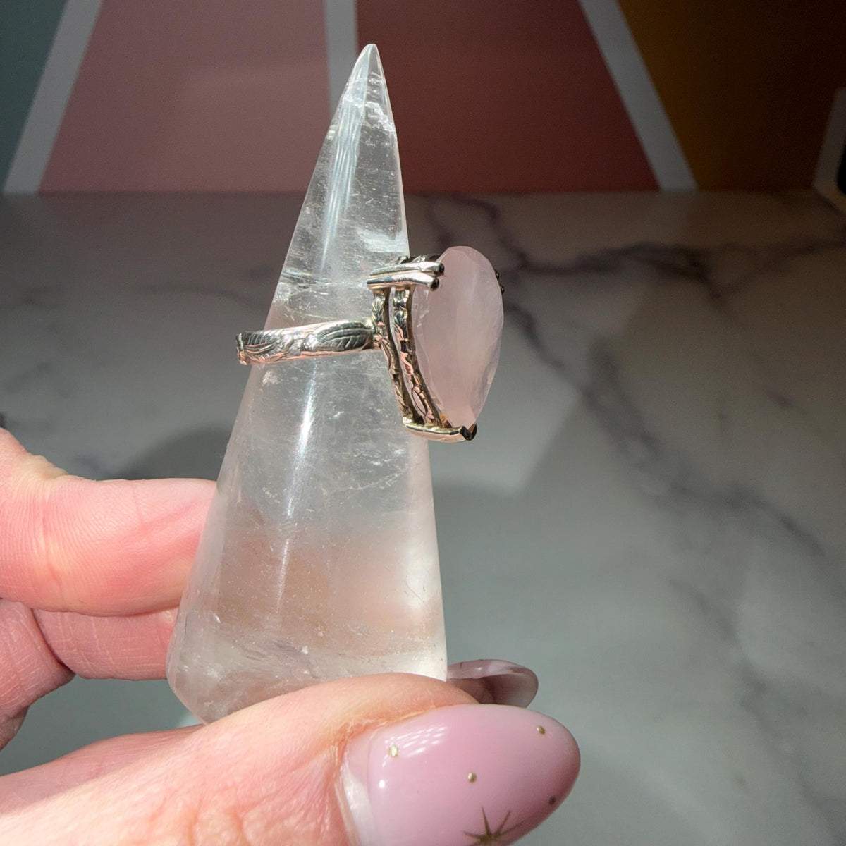 Faceted Rose Quartz Tear Drop Ring, Sterling Silver Ornate Band, Size 7.25
