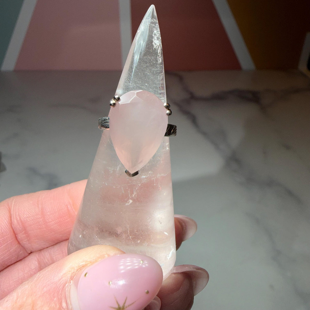 Faceted Rose Quartz Tear Drop Ring, Sterling Silver Ornate Band, Size 7.25