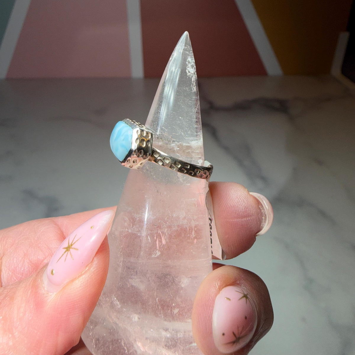 Larimar Ring, Sterling Silver Hammered Band, Ocean Stone Minimalist Jewelry, Size 6