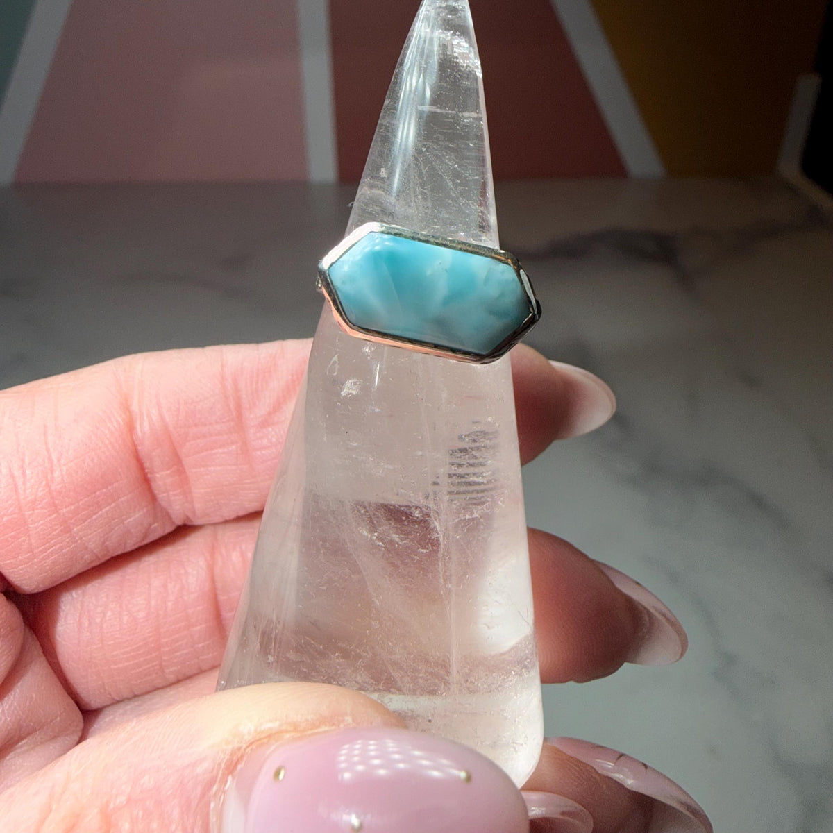 Larimar Ring, Sterling Silver Hammered Band, Ocean Stone Minimalist Jewelry, Size 6