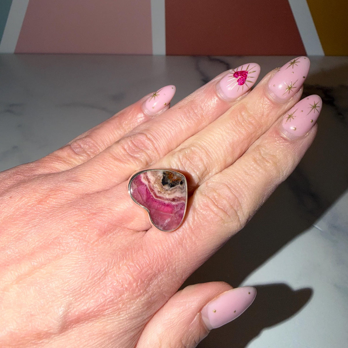 Pink Cobalto Calcite Heart Ring • Sterling Silver Hammered Band • Size 7.75