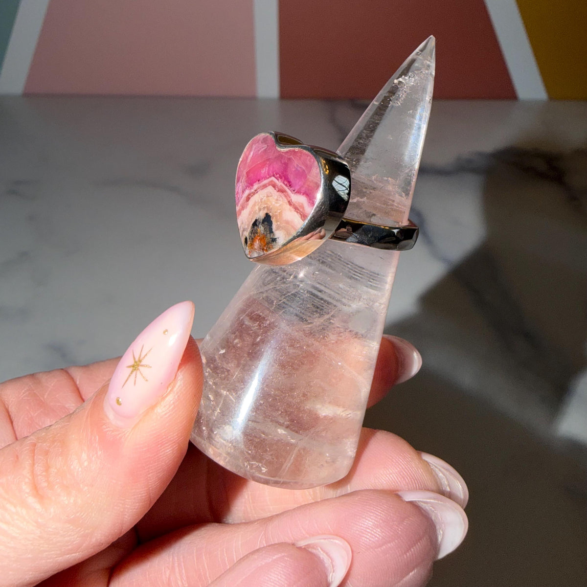 Pink Cobalto Calcite Heart Ring • Sterling Silver Hammered Band • Size 7.75