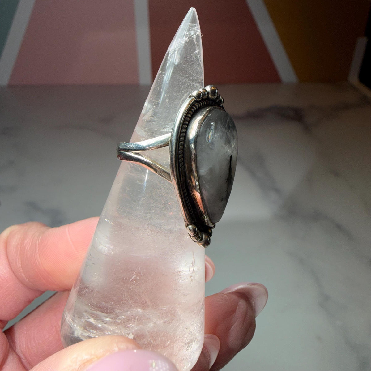 Large Rainbow Moonstone Tear Drop Ring, Sterling Silver Statement Ring, Size 6