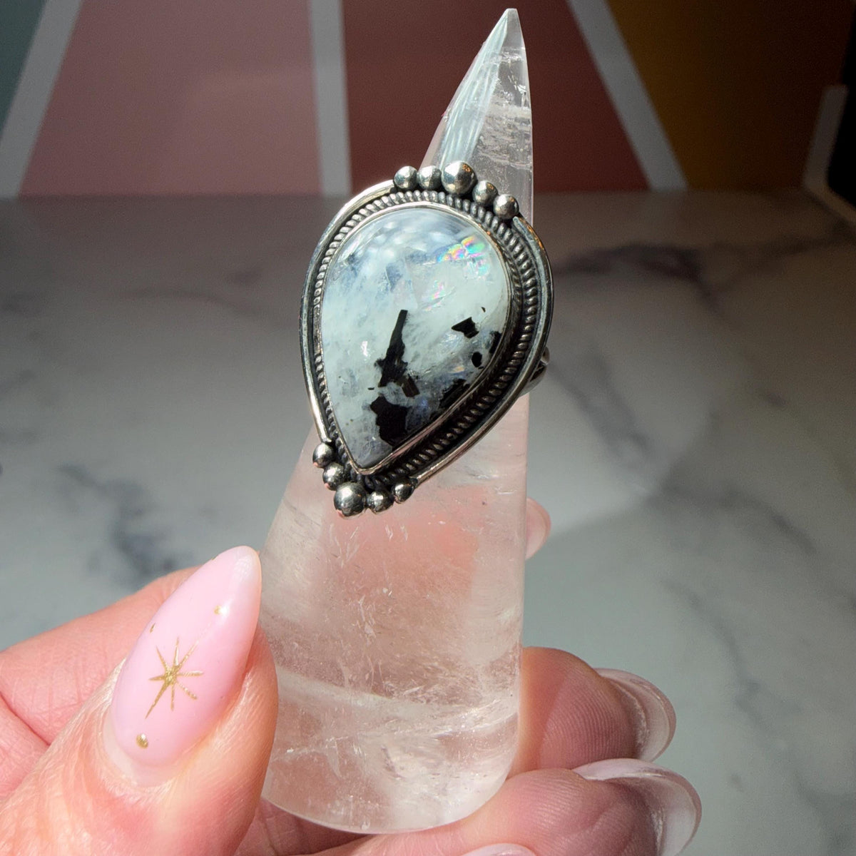 Large Rainbow Moonstone Tear Drop Ring, Sterling Silver Statement Ring, Size 6