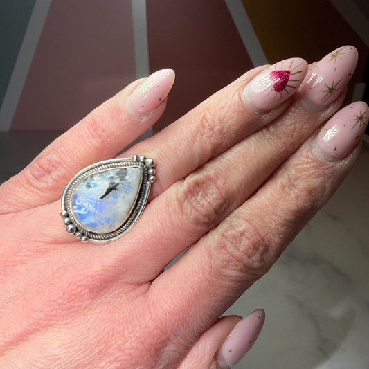 Large Rainbow Moonstone Tear Drop Ring, Sterling Silver Statement Ring, Size 6