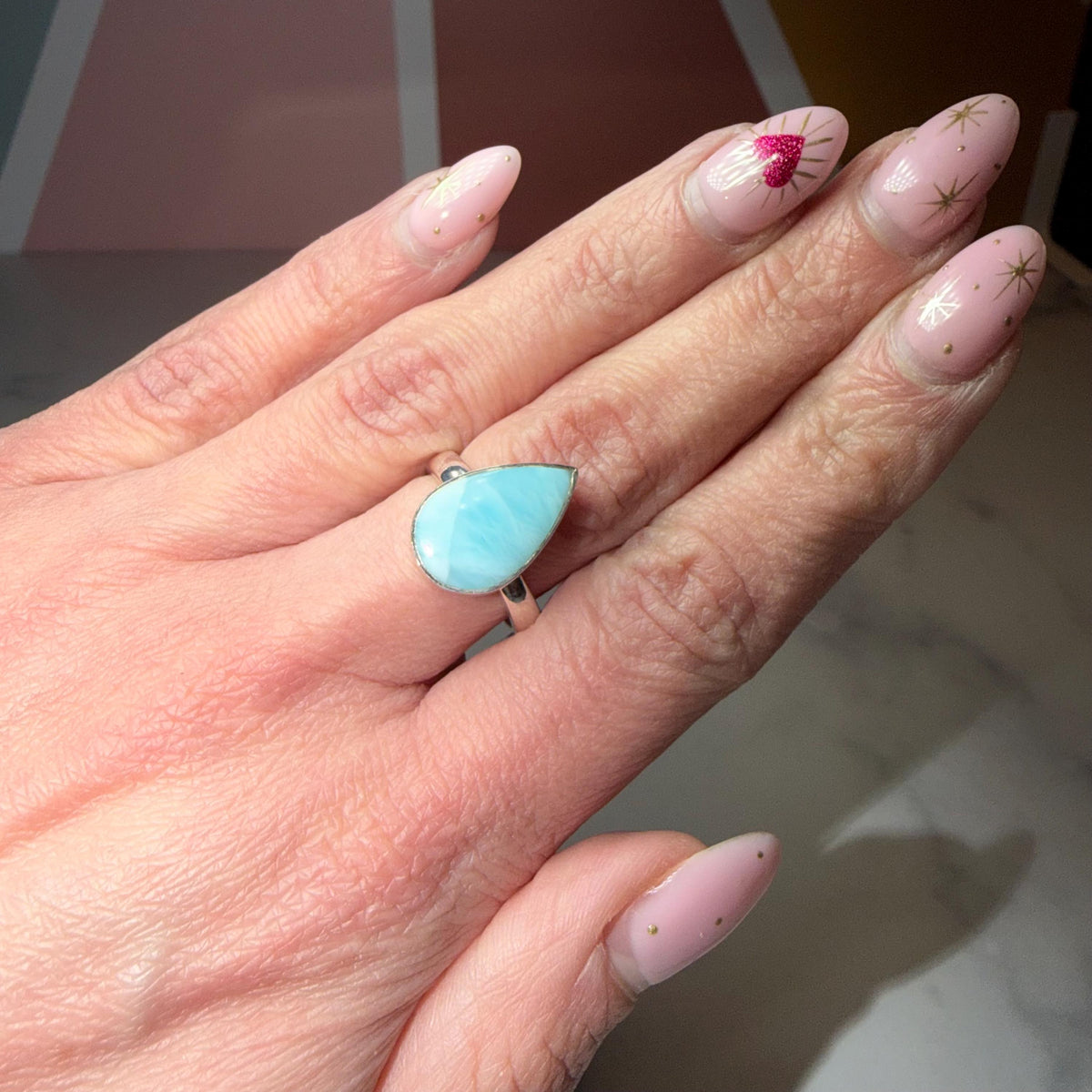 Larimar Tear Drop Ring, Sterling Silver Ocean Stone Statement Jewelry (size 7)